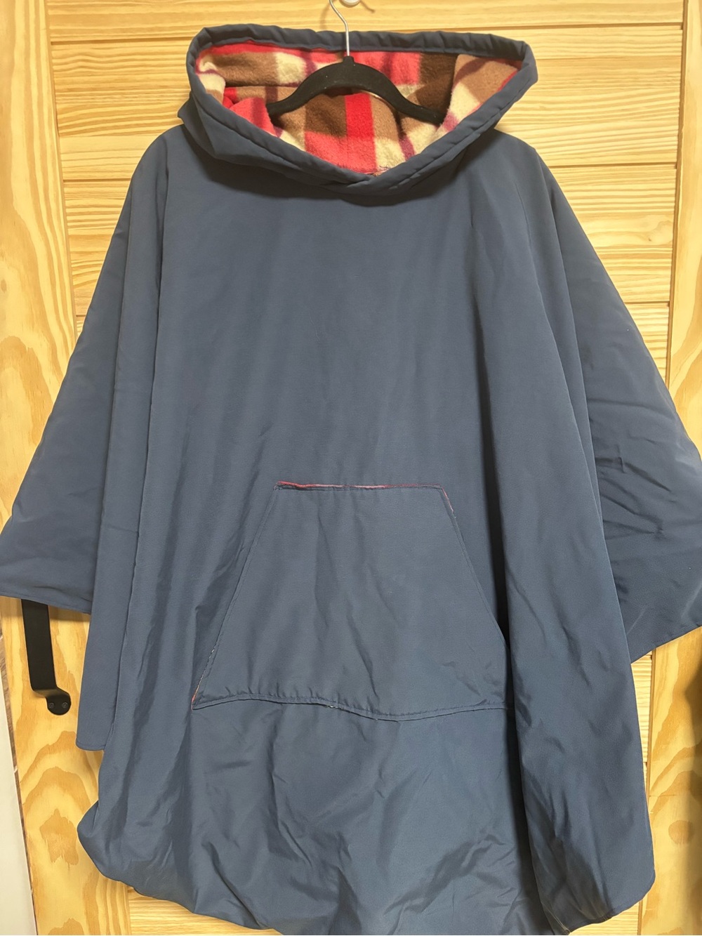 Sport mom dream poncho Navy Hooded with Plaid fleece lining